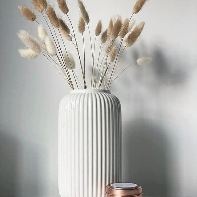 8 Inch Tall Glossy White Ceramic Ribbed Vase for Flowers & Pampas Grass, Simple Modern Decorative Vases for Home Decor Table Centerpieces