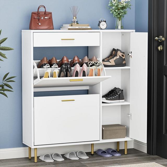 Anmytek Shoe Cabinet with 2 Flip Drawers, Modern Freestanding Hidden Shoe Cabinet Organizer with Side Cabinet, Shoes Cabinet with Adjustable Shelves, Narrow Shoe Storage for Hallway, Entryway