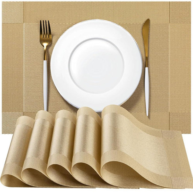 Placemats Set of 4 - Easy Clean Woven Vinyl Placemats for Dining Table, Indoor/Outdoor Place Mats, Washable PVC Table Mats（Gold Cube）