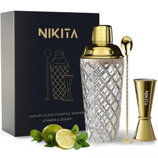 NIKITA Cocktail Shaker Set - Silver Cocktail Shaker Set - Matching Cocktail Jigger and Stirrer - Bar Cart Accessories - Martini Shaker with Strainer - Glass Drink Shaker - 4 pcs - Gift Box (Gold)