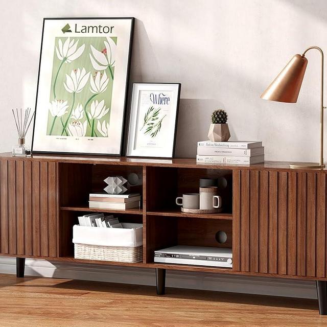 Lamtor Mid-Century Modern TV-Stand - Fluted TV Stand for 80 75 65Inch TV, Entertainment Center with Storage, Media Console with Adjustable Shelves for Living Room, Walnut