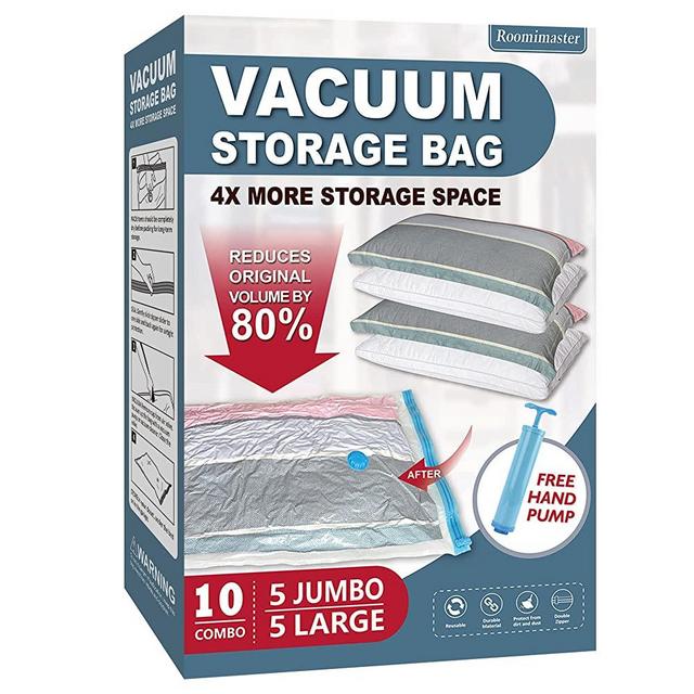 Vacuum Storage Bags, 10 Combo (5 Large/5 Jumbo) Space Saver Bags Vacuum Seal Bags with Pump, Space Bags, Vacuum Sealer Bags for Clothes, Comforters, Blankets, Bedding