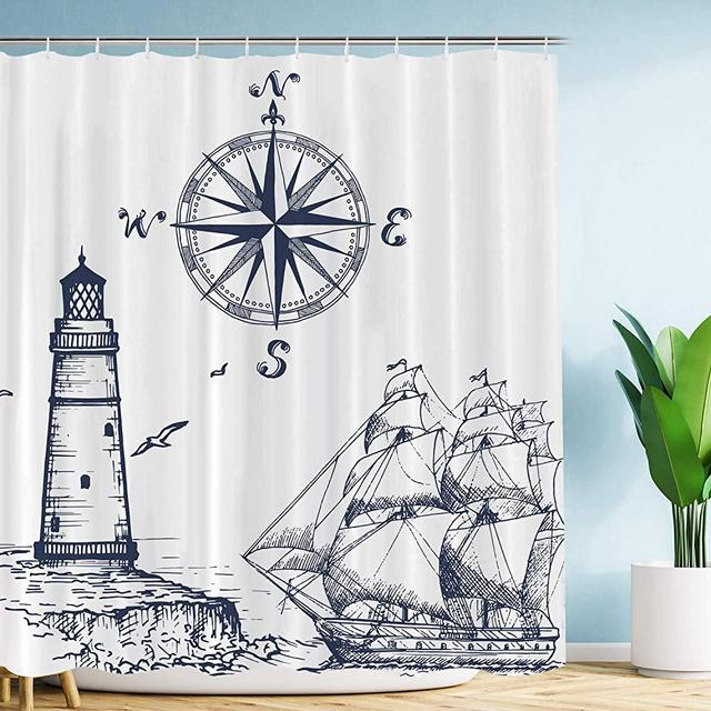 VIMMUCIR Sail Boat Nautical Shower Curtain, Lighthouse and Compass Navy Blue Print Bathroom Decor, Waterproof Fabric Curtains for Bathroom, Stalls and Bathtubs, 72" W x 72" H