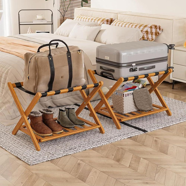 Smart FENDEE Fully Assembled Bamboo Luggage Racks Pack of 2, Folding Suitcase Stand with 5 Nylon Straps, Storage Shelf, Ideal for Guest Room, Bedroom, Hotel, Honey Oak