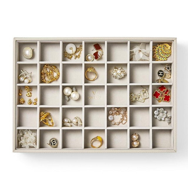 Vee Stackable Jewelry Organizer tray,Drawer Display jewelry box ，Earring organizer for Necklace Rings Bracele ，women jewelry organizers and storage，35 Grid Grey