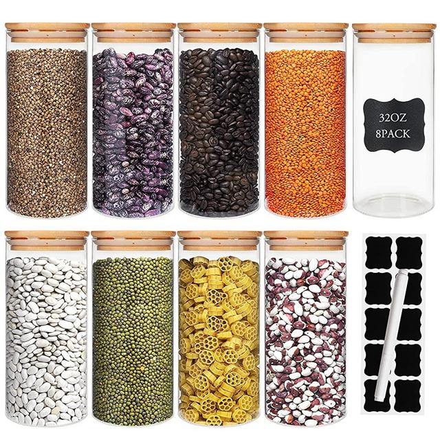 Glass Food Storage Containers Jars with Airtight Bamboo Lid 32oz 8pcs, 950ml Pantry Organization Jar, Glass Terrarium with Lid, Spice, Tea, Flour and Sugar Container, Canister Set for Kitchen Counter