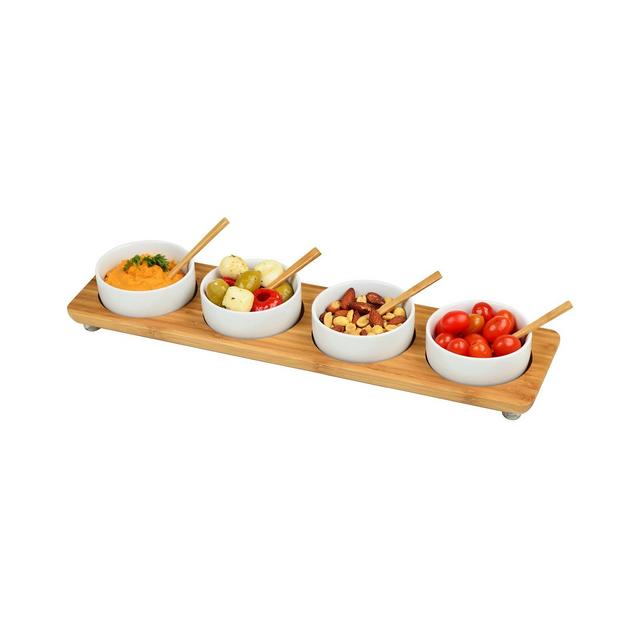 Picnic at Ascot Bamboo Divided Serving Platter with 4 Bowls and 4 Bamboo Spoons