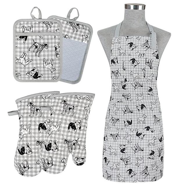 Alselo Oven Mitts and Pot Holders with Chef Apron,Set of 5 Heat Resistant Kitchen Gloves and Silicone Non-Slip Potholders Adjustable Neck Buckle Chef Apron, Cotton Nice Design for Cooking (Dog)