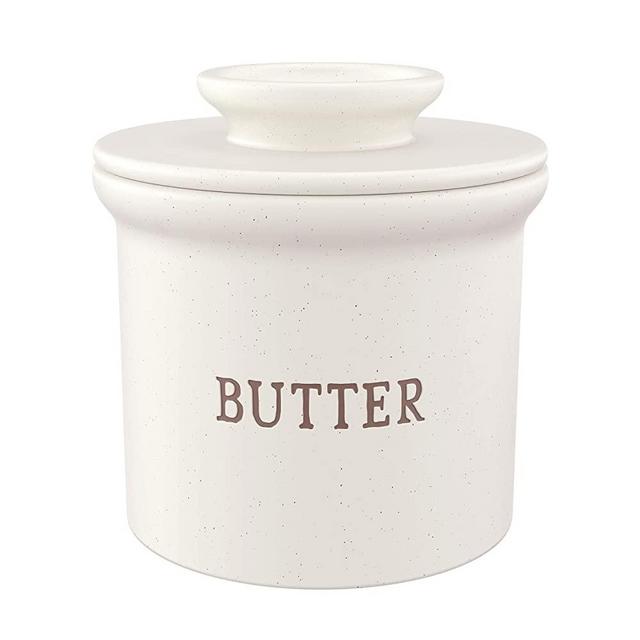 Kook Butter Keeper Dish, French Ceramic Crock with Lid, Embossed Container, For Soft Butter, Speckled White