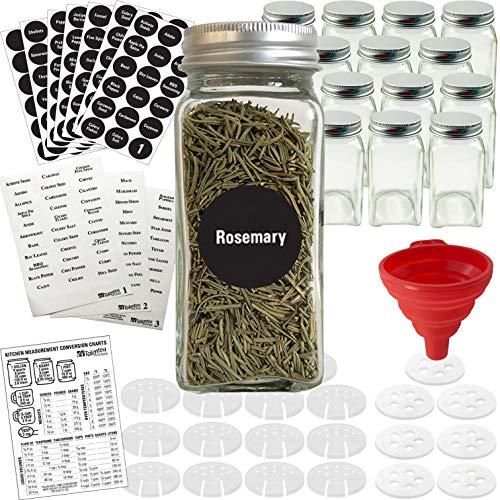 Talented Kitchen 14 Glass Spice Jars w/2 Types of Preprinted Spice Labels. Premium Commercial Grade, Complete Set: 14 Square Empty Jars 4oz, Airtight Cap, Chalkboard & Clear Label, Pour/Sift Shakers