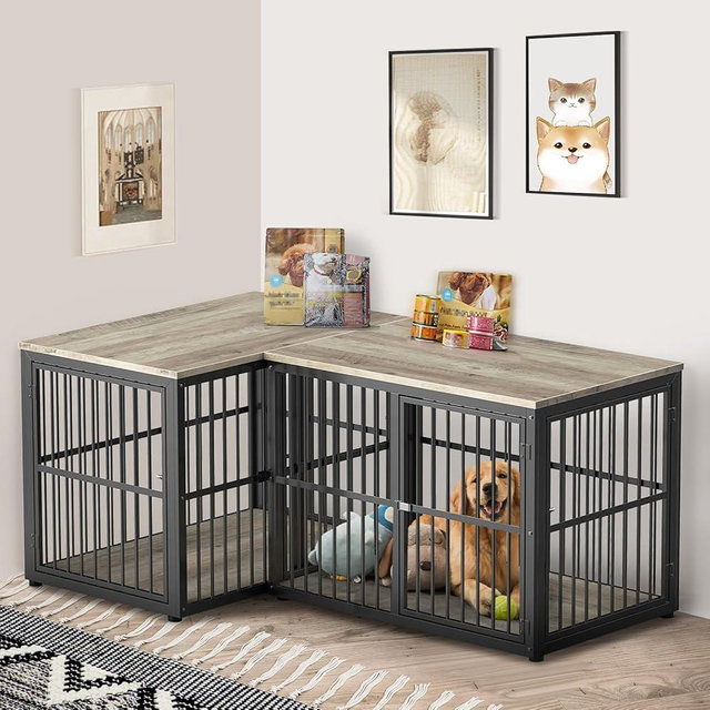 Lyromix 43'' L-Shaped Corner Dog Crate Furniture Large Breed for 2 Medium to Large Dogs with Double Rooms,Wooden Crate End Table Indoor with Removable Divider, Can Use Separately