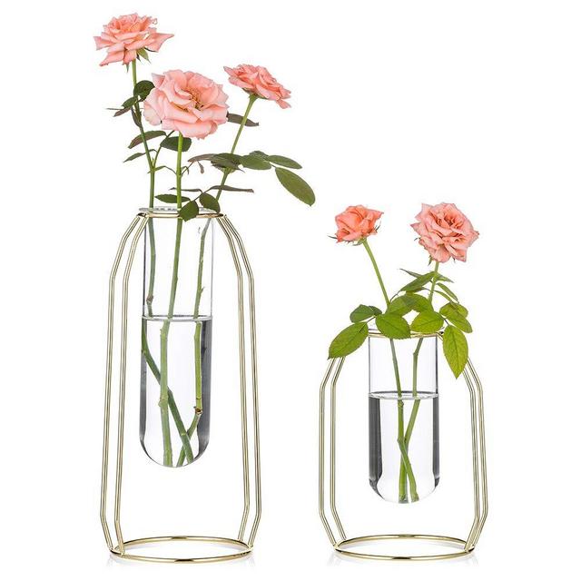 Nuptio 2 Pcs Flower Vases with Iron Art Frame, Geometric Plant Pot, Centerpiece Plant Vase, Plants Tabletop Display Holder for Wedding Table Office Living Room Decor (Gold, S+L)
