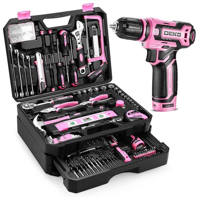 Pink Tool Kit Box Drill Set：DEKOPRO Home Mechanic Toolbox with 12V Power Cordless Drill Hand Repair Tools Sets Combo Kits Storage Organizer Drawer Case for Men & Women