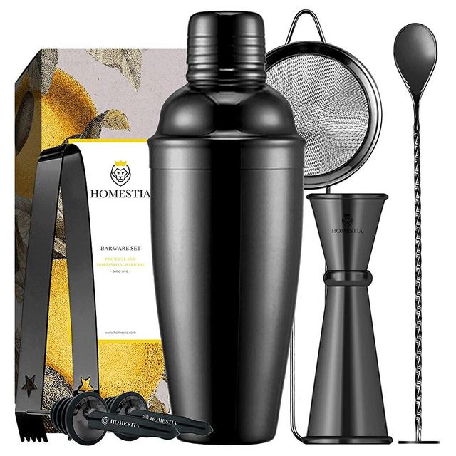 Homestia 7 Pcs Cocktail Shaker Set Bartender Kit Stainless Steel 24oz Martini Shaker, Muddle Spoon, Double Jigger, Fine Strainer, Ice Tong, 2 Liquor Pour Spout Black Barware Gift Set