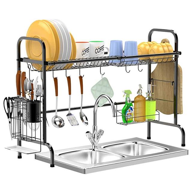 Over Sink Dish Rack, GSlife Stainless Steel Dish Rack Over Sink Shelf with Utensil Holder Cutting Board Holder, Black