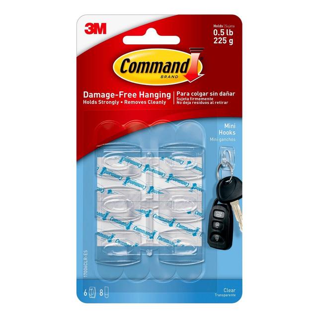 Command Mini Clear Hooks with Clear Strips (6 Hooks 8 Strips)