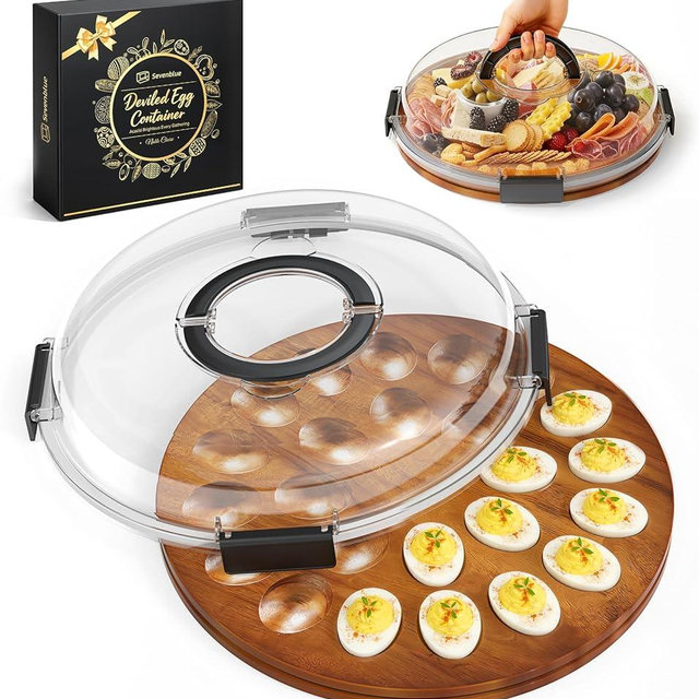 2026 Acacia Wood Deviled Egg Containers with Lid for party, (24 Slots) Easter Deviled Egg Platter for Fridge, Easter Gifts for Adults, House Warming Gifts New Home, Travel Charcuterie Board (Black)
