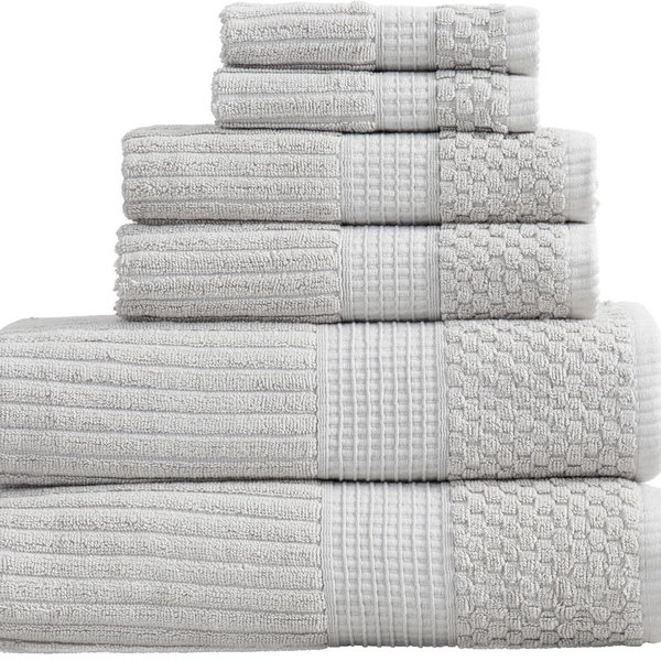 100% Cotton Towel Set 6 Piece Set | Super Soft & Absorbent Quick-Dry 2 Bath Towels 2 Hand Towels & 2 Washcloths |Textured and Durable Cotton | Krista Collection (High Rise Grey)