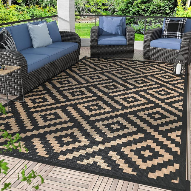 GENIMO Outdoor Rug for Patio Clearance, 10'x14' Waterproof Large Camping Mat, Reversible Plastic Straw Rugs for RV, Camper, Balcony, Backyard, Picnic, Deck (Black & Brown)