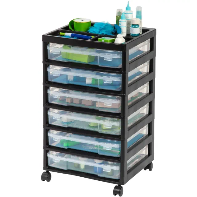IRIS USA Fits 12" x 12" Paper, 6-Tier Scrapbook Rolling Storage Cart with Organizer Top for Papers with 6 Clear Cases Built in Handle Wheels