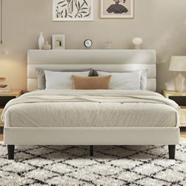 (Beige) Fluest Queen Bed Frame, Platform Bed Frame with Velvet Upholstered Headboard, No Box Spring Needed, Sturdy Metal Support, Noise Free, Easy Assembly, Modern Bedroom Furniture, Beige