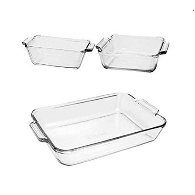 Anchor Hocking Oven Basics 3-Piece Glass Bakeware Set with Square Cake, Rectangular, and Loaf Baking Dishes