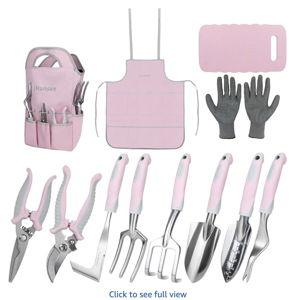 Pink Garden Tool Sets 12 Pieces, iHansee Aluminum Gardening Hand Tools with Non-Slip Handle, Kneeling Pad, Apron, Gloves and Organizer Bag, Landscaping Tools - Gift for Women & Garden Enthusiasts