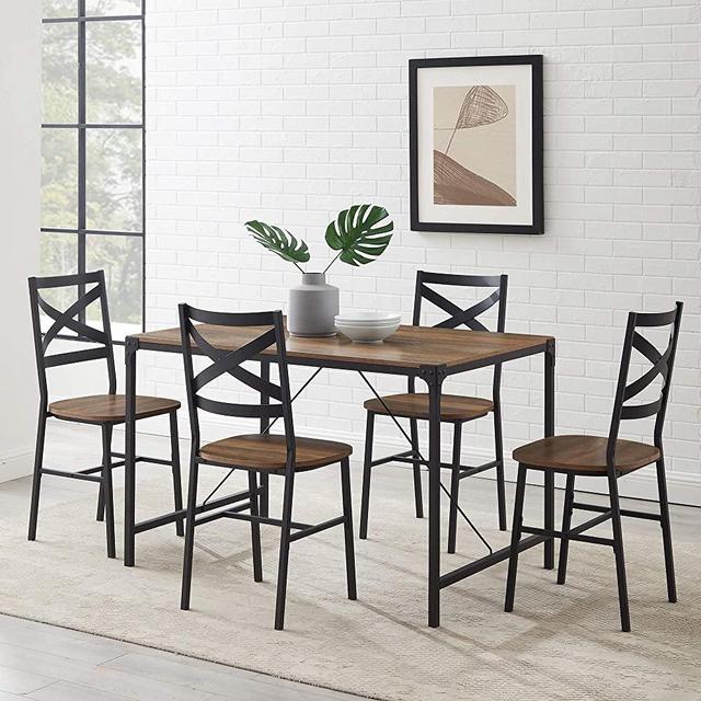 Walker Edison 4 Person Modern Industrial Farmhouse Wood and Metal Small Dining Table Dining Room Kitchen Table Set Dining Chairs, 48 Inch, Rustic Oak