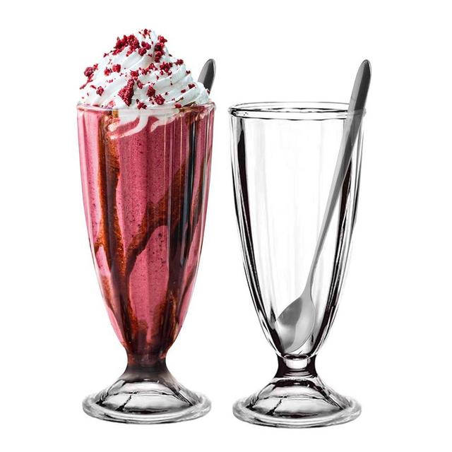 binsakao Milkshake Glasses Cups Soda Fountain with Spoons, Milk Shake, Ice Cream Soda Glass Set of 2 (11.5 oz, Clear)