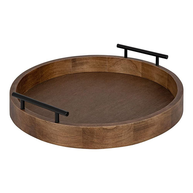 Kate and Laurel Lipton Modern Round Wood Decorative Tray, 18" Diameter, Rustic Brown and Black, Decorative Accent Tray for Storage and Display
