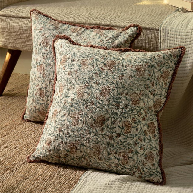 HOME WIBE Handblock Printed Vintage Indian Cotton Decorative Throw Pillow Covers, Set of 2, Cushion Cover, Pillow Case for Sofa Couch Bed Chair 18" x 18" (Pack of 2)
