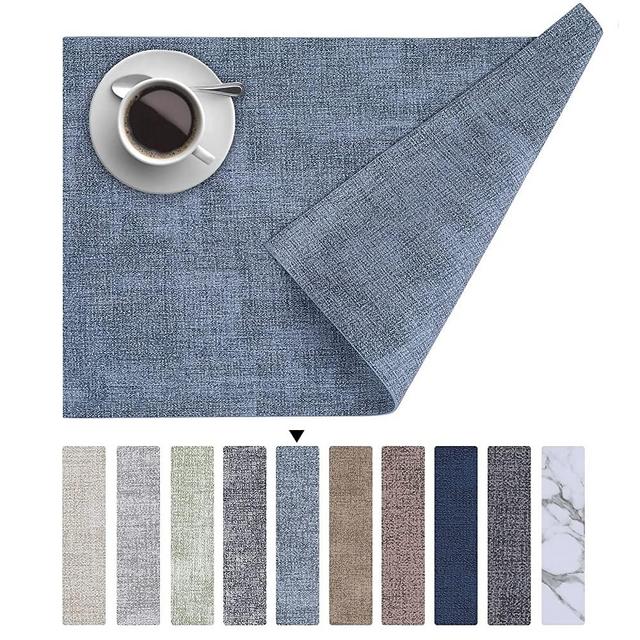 Homaxy Faux Leather Heat Resistant Placemats for Dining Table Set of 6, Waterproof Wipeable Washable PU Table Mats, Easy to Clean Anti-Slip Place Mats, 11.8" x 17", Blue