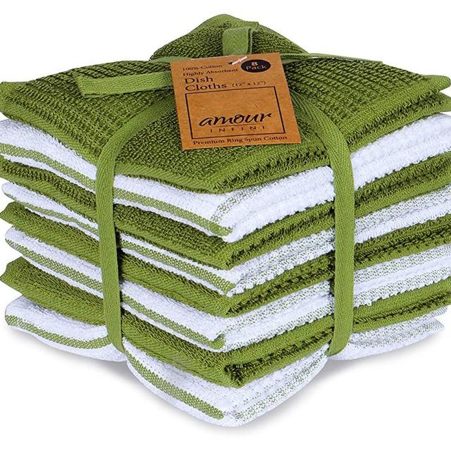 AMOUR INFINI Terry Dish Cloth | Set of 8 | 12 x 12 Inches | Durable, Super Soft and Absorbent |100% Cotton Dish Rags | Perfect for Household and Commercial Uses | Green