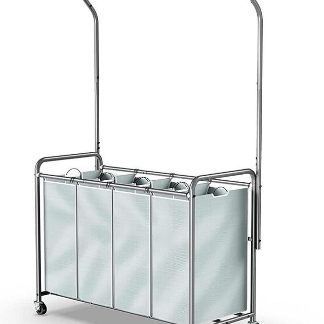 ROMOON Laundry Sorter with Hanging Bar, 4 Section Laundry Hamper with Heavy Duty Wheels, Laundry Basket Organizer with Hanging Clothing Rack, Grey