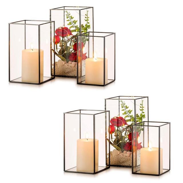 Nuptio Glass Candle Holders Hurricane Holder for Pillar Candles 6 Pcs Black Metal Candle Holders Large Rectangular Candleholder Vase Centerpieces Decoration for Wedding Fireplace 9.5 & 8.1 & 6.5 inch