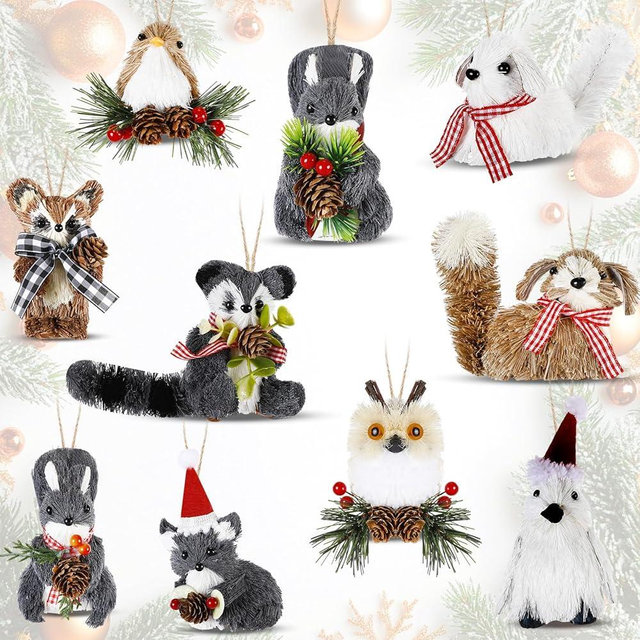 Aoriher 10 Pack Woodland Christmas Ornaments Forest Animals Woodland Hanging Ornaments Christmas Tree Decoration Sisal Fox Owl Squirrel Rabbit Natural Sisal Straw for Xmas Holiday Winter Home Decor