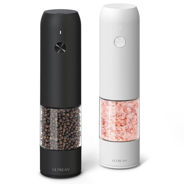 Ultrean Electric Salt and Pepper Grinder Set (2 Pack), USB Rechargeable Salt Pepper Mill Grinder with 6 Adjustable Coarseness, LED Light, One-Hand Operation for Kitchen, Restaurant, BBQ (White&Black)