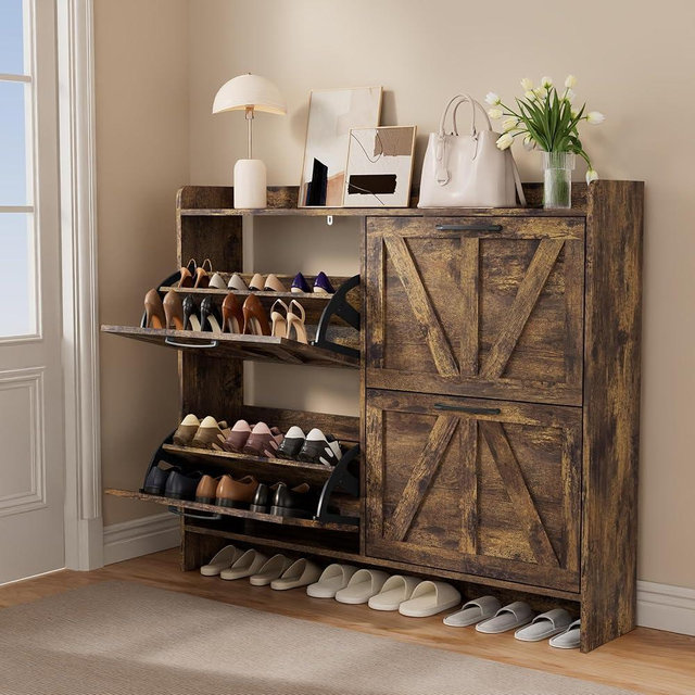 Buytime Shoe Storage Cabinet with 4 Flip Drawers, Freestanding Hidden Shoe Cabinet with Wooden Legs & Black Metal Handle for Entryway, Farmhouse Slim Shoe Rack Organizers, Rustic