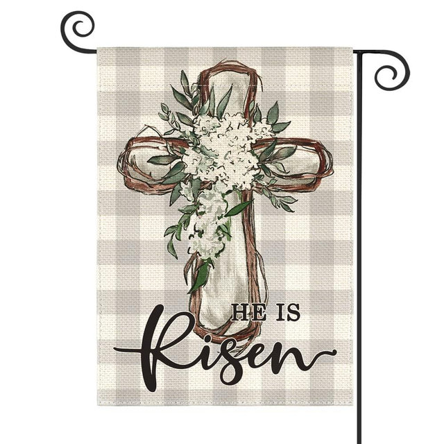 AVOIN colorlife He Is Risen Easter Garden Flag 12x18 Inch Double Sided Outside, Buffalo Plaid Lily Cross Yard Outdoor Decoration