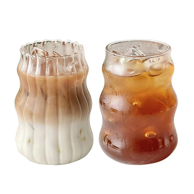 2 Pcs Ribbed Glassware Drinking Glasses, Ripple Glass Cups 18 oz Gourd Shape Iced Coffee Cups, Wave Shape Beverage Glasses, Vintage Glassware for Whiskey Cocktail Juice Beer Tea Smoothie Soda