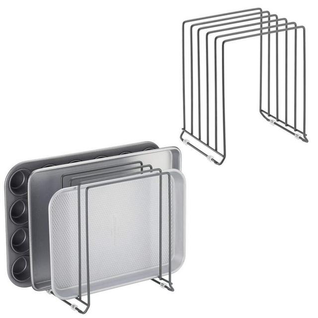 mDesign Metal Wire Organizer Rack for Kitchen Cabinet, Pantry, Shelves - Holder with 5 Slots for Skillets, Frying Pans, Lids, Cutting Boards, Vertical or Horizontal Placement - 2 Pack - Graphite Gray