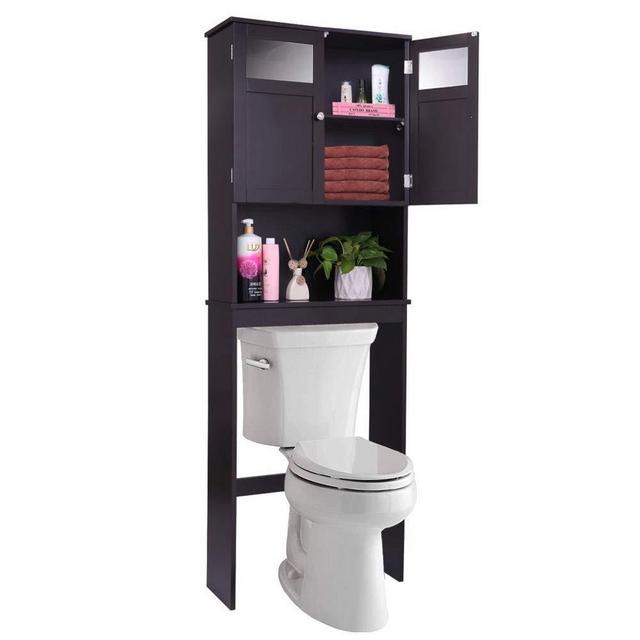 Bonnlo Over Toilet Storage, Bathroom Space Saver with Double Door Glass Window Cabinet Tower with Adjustable Shelf (Brown)