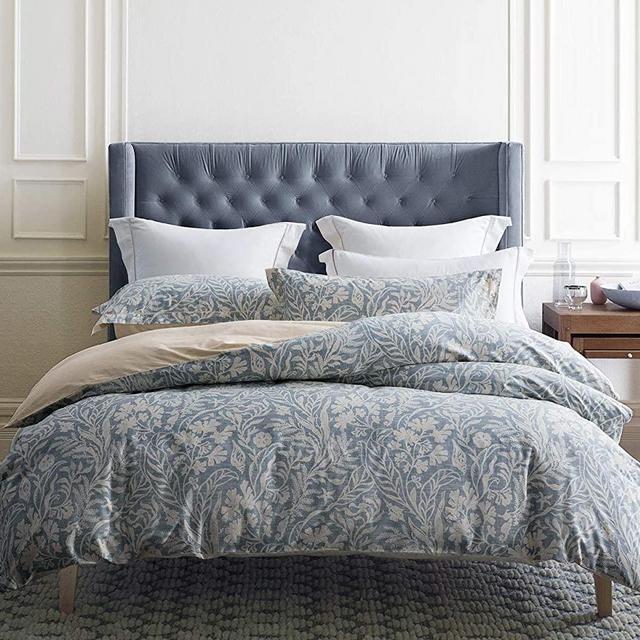 SLEEPBELLA King Size Comforter Set Beige & Bluish Grey Botanical Luxurious Pattern 100% Cotton Fabric, Ultra Soft Microfiber Inner Fill Reversible Bedding Set 3 Pieces