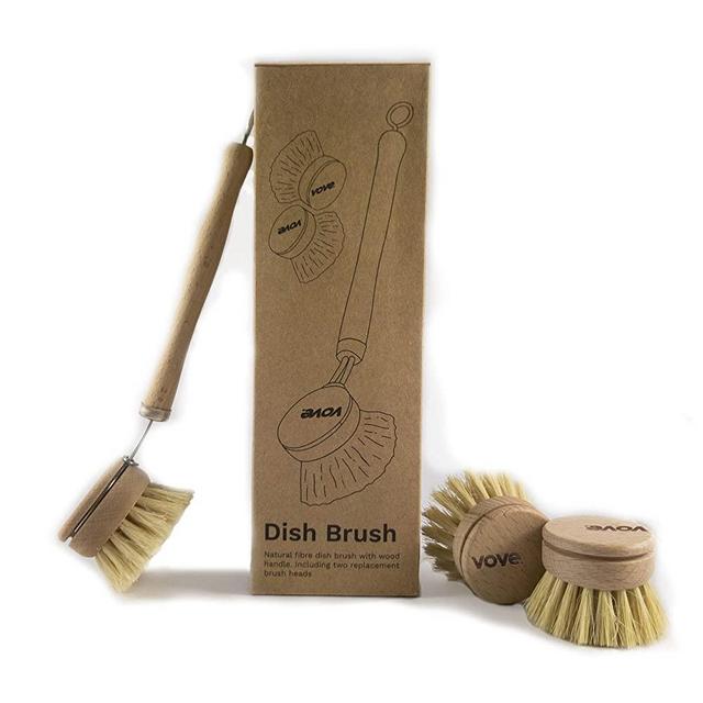 Bamboo Dish Scrub Brushes by Subekyu, Kitchen Wooden Cleaning Scrubbers Set  for Washing Cast Iron Pan/Pot, Natural Sisal Bristles, Set of 3