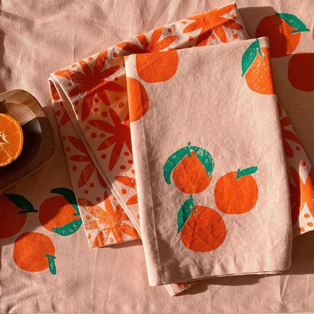 linen dinner napkins. blush tangerines. hand block printed. placemats / tea towel. coastal. boho decor. hostess gifting. easter.