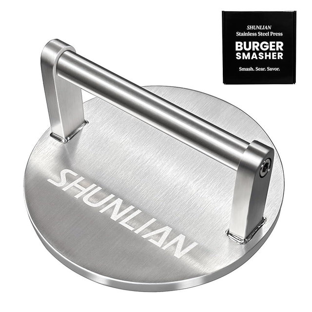 SHUNLIAN Smash Burger Press, 6 Inch Heavy Duty Burger Smasher Tool, 3.1lb Non-Stick Smooth Stainless Steel Grill Press for Flat Top Griddle, BBQ & Kitchen Use, Ground Beef, Meats, Bacon, Steak