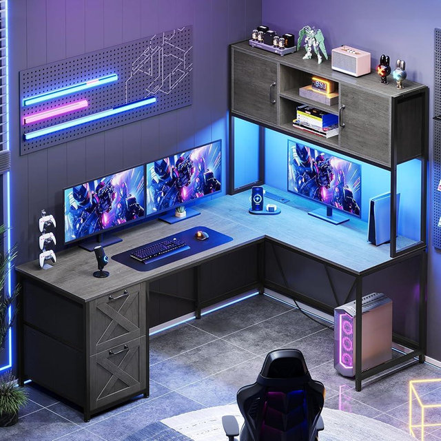 SEDETA L Shaped Gaming Desk, Reversible Computer Desk with Fabric Drawers and Power Outlet, Gaming Desk with Led Lights, Hutch and Storage Shelf for Home Office, Grey