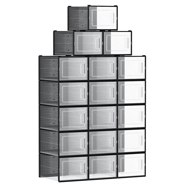 SONGMICS Shoe Boxes, Set of 18 Shoe Storage Organizers, Stackable and Foldable for Sneakers, Fit up to US Size 13, Transparent and Black ULSP007B18