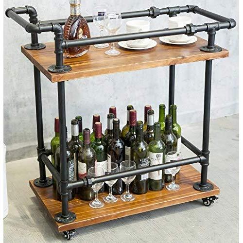 DOFURNILIM Best Bar Carts/Serving Carts/Kitchen Carts/Wine Rack Carts on Wheels with Storage - Industrial Rolling Carts - 2 Tiers Wine Tea Beer Shelves/Holder - Solid Wood and Metal