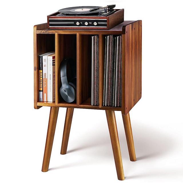 Wooden Record Player Stand, Vinyl Record Storage Holder Table with 4 Cabinets, Holds up to 100 LPs, Metal Vinyl Record Organizer Stand, Classical Design for Files/Book (Mid-Century Modern)